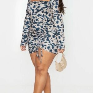 Stone Print Ruched Long Sleeve Dress